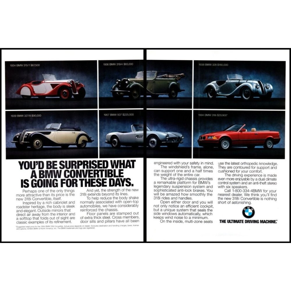 1995 BMW 3 Series 318i Convertible Coupe 2 Page Vintage Print Ad 507 328 Art
